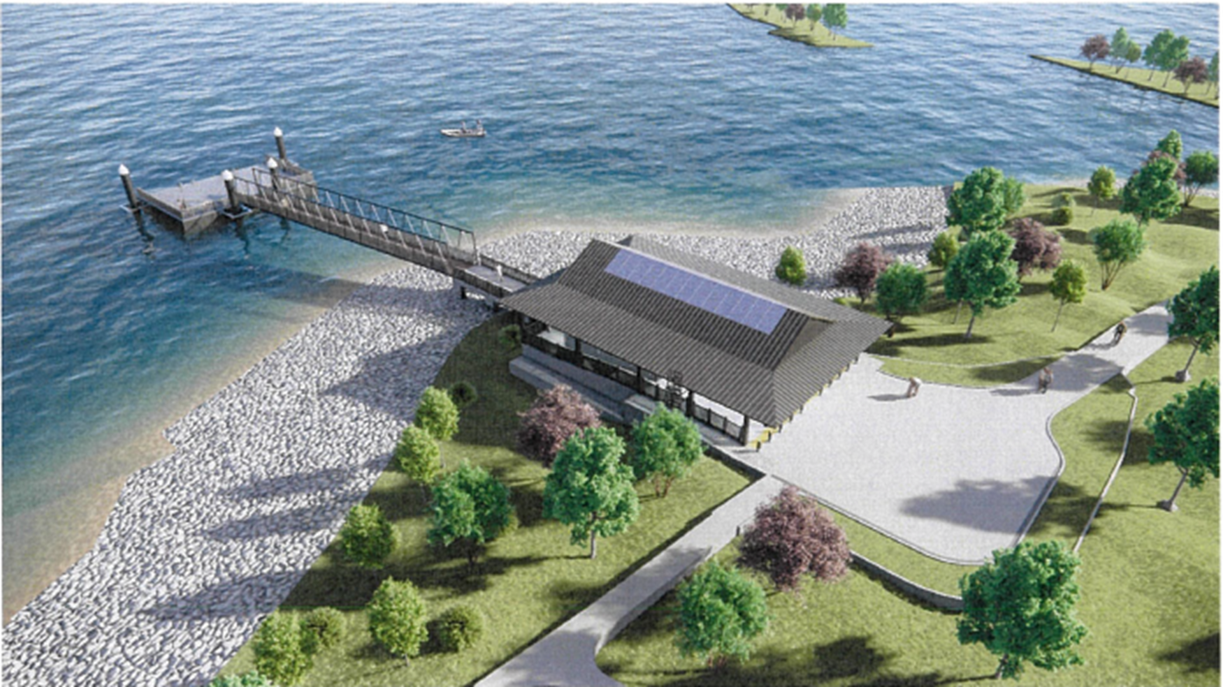 Aerial view of a pier and a building with solar panels by a lake.